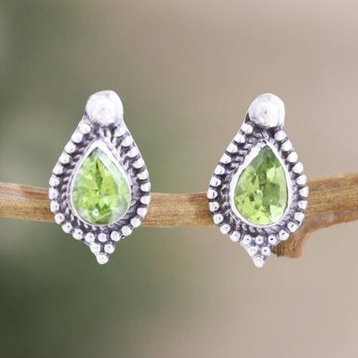 Alternate image for Sterling Silver Button Earrings with Faceted Peridot Stones Fortune Drops