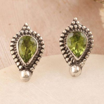 Alternate image for Sterling Silver Button Earrings with Faceted Peridot Stones Fortune Drops