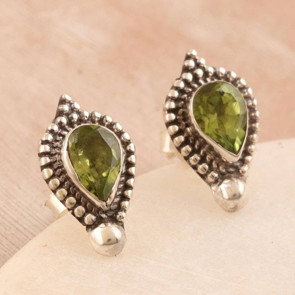 Alternate image for Sterling Silver Button Earrings with Faceted Peridot Stones Fortune Drops