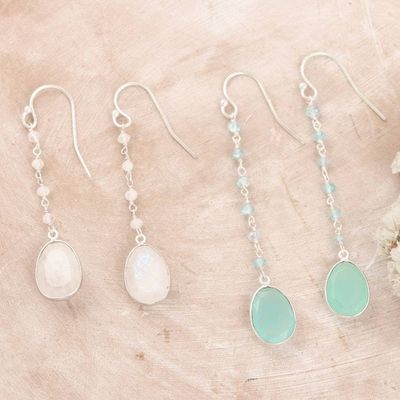 Alternate image for Set of 2 Rainbow Moonstone and Chalcedony Dangle Earrings Paradise of Emotions