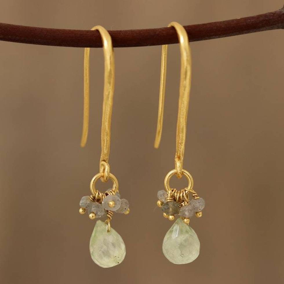 Gold Plated Prehnite and Labradorite Cluster Earrings 'Fascinating Glam'