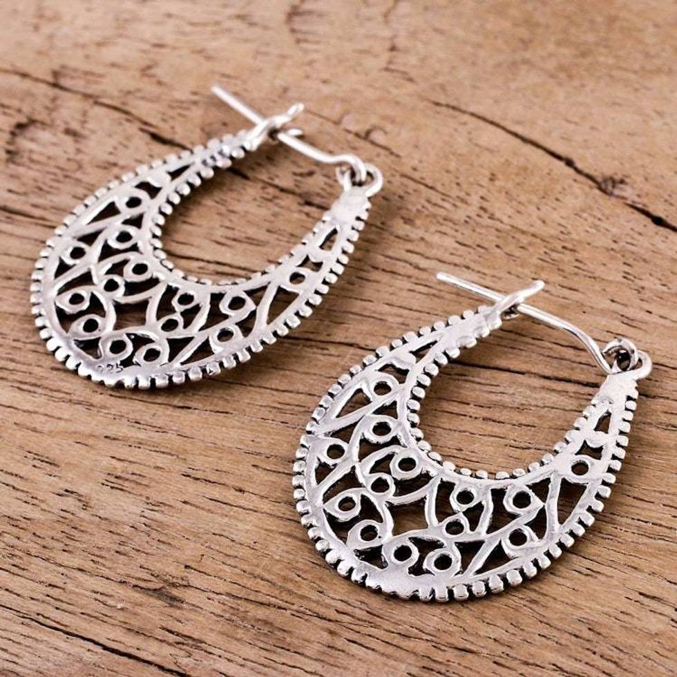 Sterling Silver Vine Motif Hoop Earrings from India 'Delightful Vines'