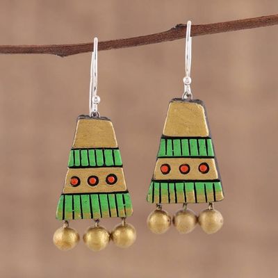 Alternate image for Gold-Tone and Green Ceramic Dangle Earrings from India Tribal Pyramids