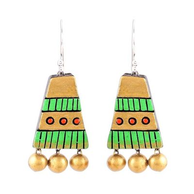 Alternate image for Gold-Tone and Green Ceramic Dangle Earrings from India Tribal Pyramids
