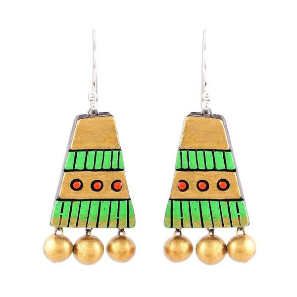 Alternate image for Gold-Tone and Green Ceramic Dangle Earrings from India Tribal Pyramids