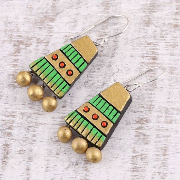 Alternate image for Gold-Tone and Green Ceramic Dangle Earrings from India Tribal Pyramids
