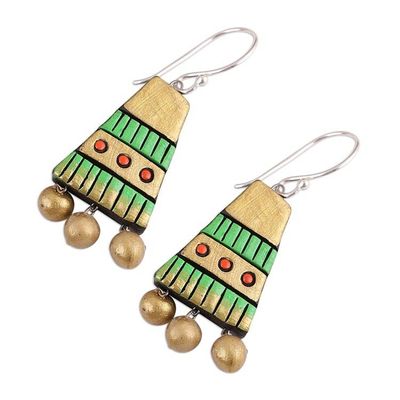 Alternate image for Gold-Tone and Green Ceramic Dangle Earrings from India Tribal Pyramids