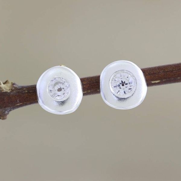 Alternate image for Handmade Zircon and Sterling Silver Stud Earrings Shimmering Sphere