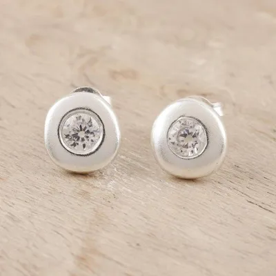 Alternate image for Handmade Zircon and Sterling Silver Stud Earrings Shimmering Sphere
