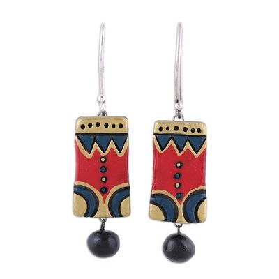 Alternate image for Red Blue and Gold Ceramic Dangle Earrings from India Bollywood Sonata