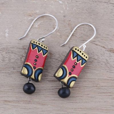 Alternate image for Red Blue and Gold Ceramic Dangle Earrings from India Bollywood Sonata