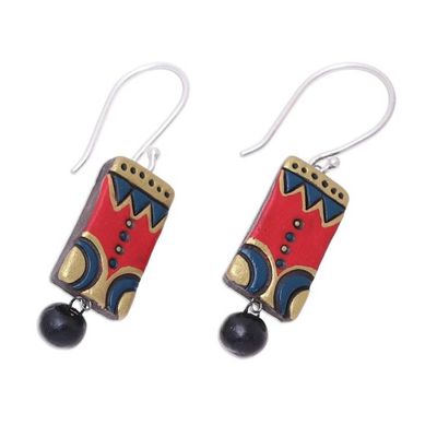 Alternate image for Red Blue and Gold Ceramic Dangle Earrings from India Bollywood Sonata