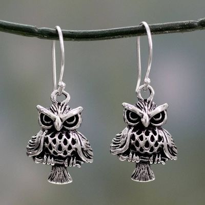 Alternate image for Unique Bird Theme Sterling Silver Owl Dangle Earrings Owl at Midnight
