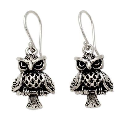 Alternate image for Unique Bird Theme Sterling Silver Owl Dangle Earrings Owl at Midnight