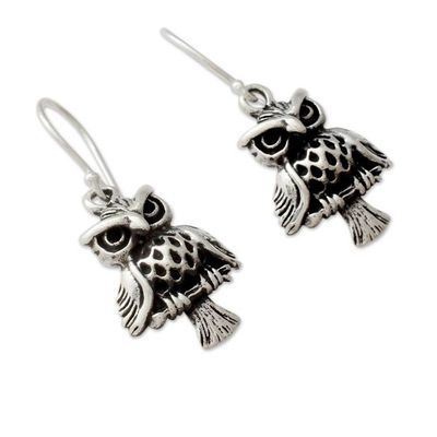Alternate image for Unique Bird Theme Sterling Silver Owl Dangle Earrings Owl at Midnight