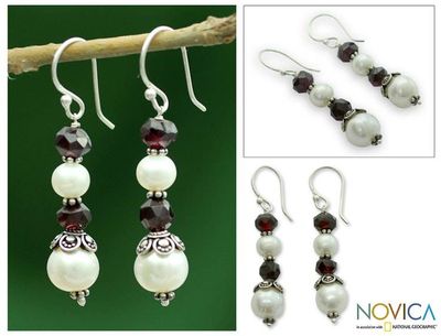 Alternate image for Cultured pearl and garnet dangle earrings Love Pure