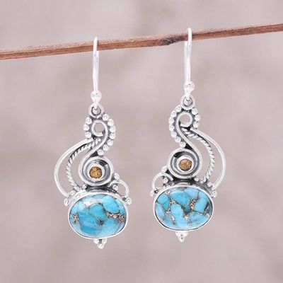 Primary image for Sterling Silver Citrine Composite Turquoise Dangle Earrings Friendship Token