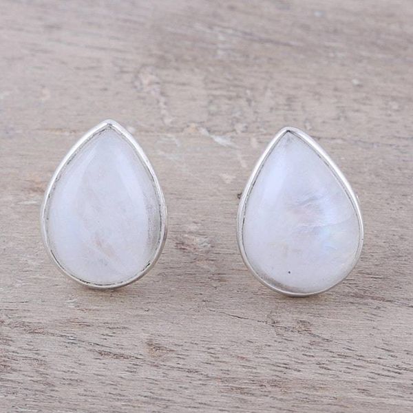 Alternate image for Teardrop Rainbow Moonstone Button Earrings from India Mystic Tears