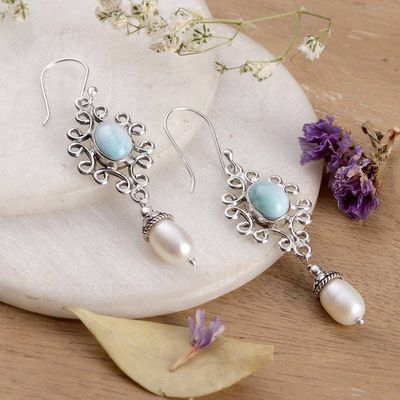 Primary image for Cultured Freshwater Pearl and Larimar Dangle Earrings Glacial Splendor