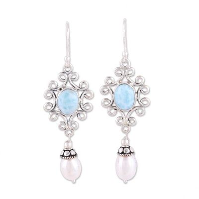 Alternate image for Cultured Freshwater Pearl and Larimar Dangle Earrings Glacial Splendor