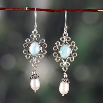 Alternate image for Cultured Freshwater Pearl and Larimar Dangle Earrings Glacial Splendor