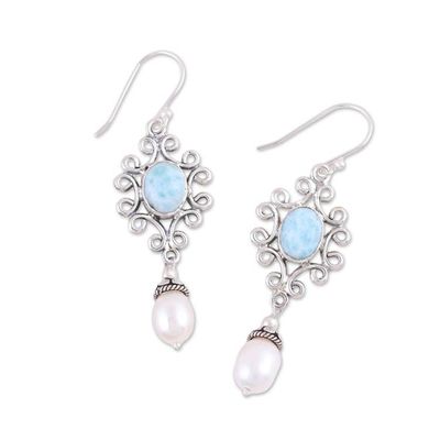 Alternate image for Cultured Freshwater Pearl and Larimar Dangle Earrings Glacial Splendor