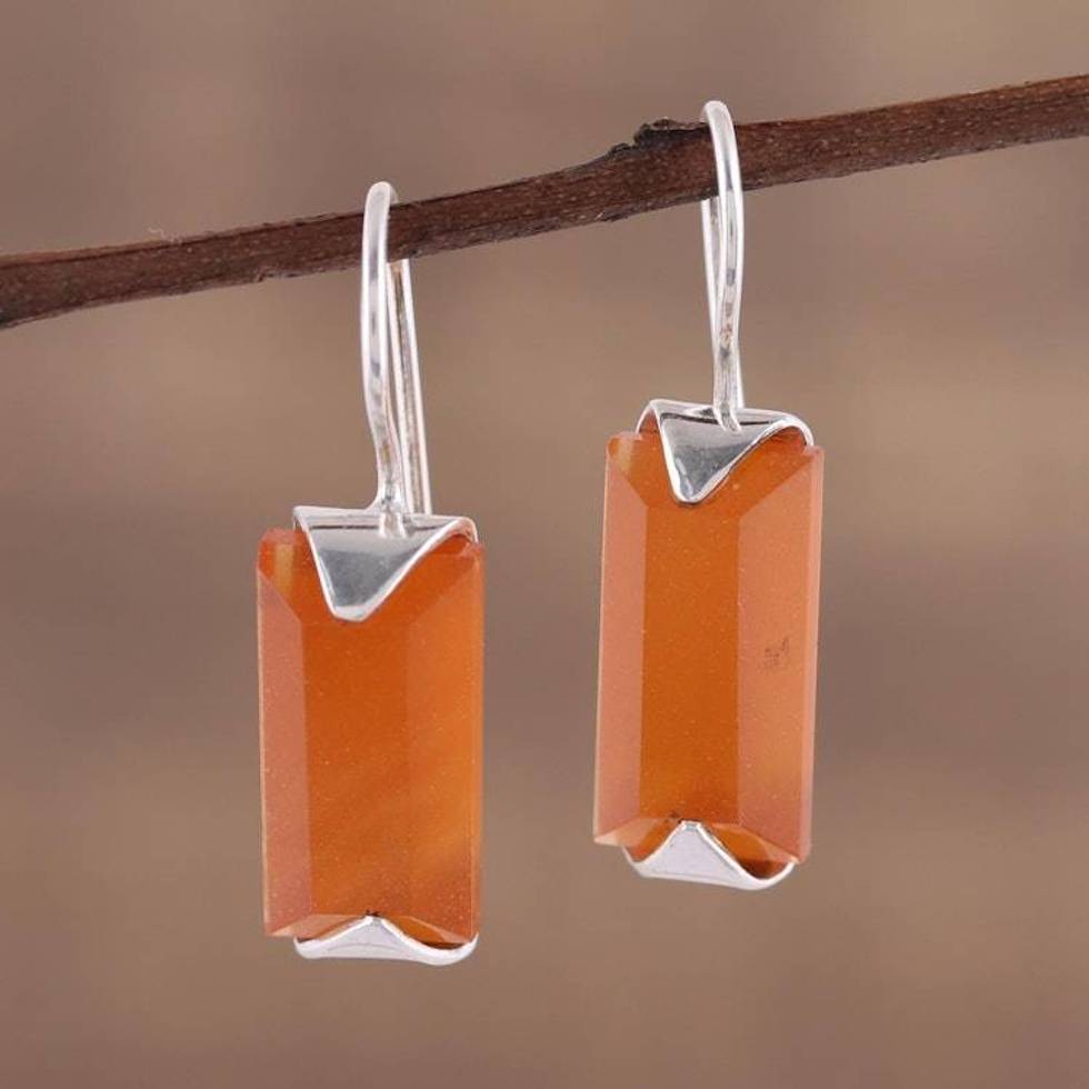 Minimalist Orange Onyx and Silver Drop Earrings 'Solid State'