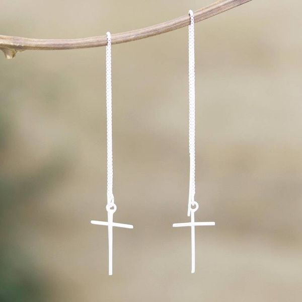 Alternate image for Sterling Silver Threader Earrings with Cross Motif Profound Belief
