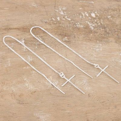 Alternate image for Sterling Silver Threader Earrings with Cross Motif Profound Belief