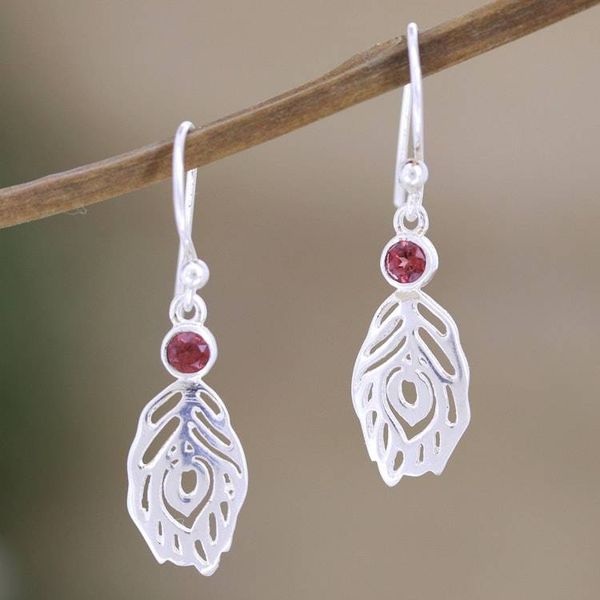 Alternate image for Garnet and Sterling Silver Dangle Earrings Crafted in India Feather Touch