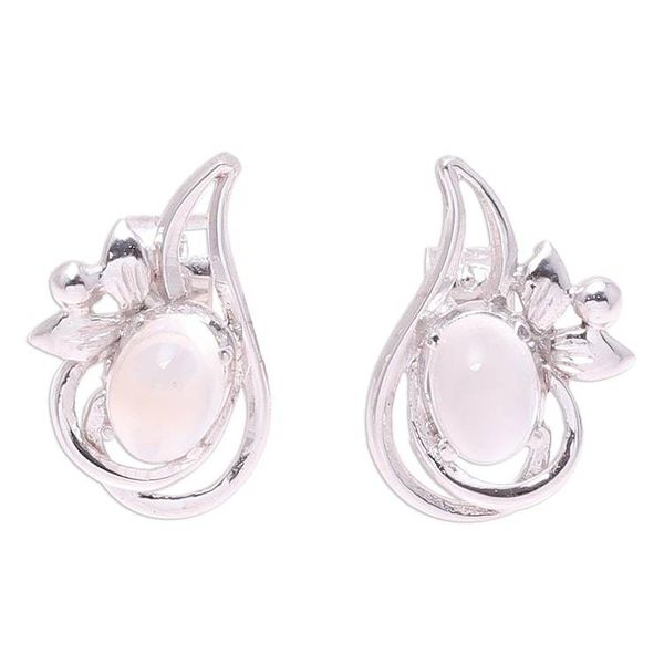 Alternate image for Rhodium Plated Moonstone Paisley Button Earrings from India Classic Paisley