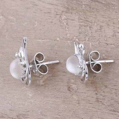 Alternate image for Rhodium Plated Moonstone Paisley Button Earrings from India Classic Paisley