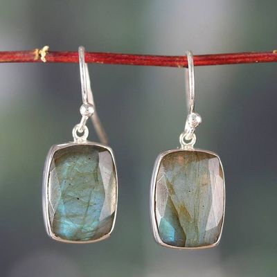 Alternate image for 15 Carat Labradorite Earrings in Sterling Silver Bezels Darkening Mist