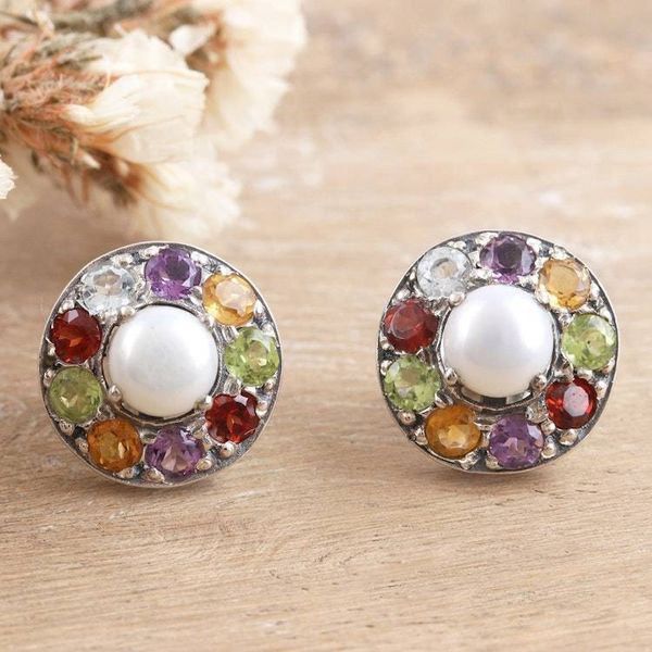 Alternate image for Faceted Multi-Gemstone Button Earrings Crafted in India Ocean Flora
