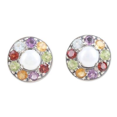 Alternate image for Faceted Multi-Gemstone Button Earrings Crafted in India Ocean Flora