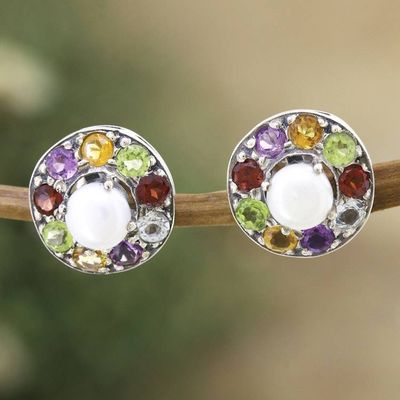 Alternate image for Faceted Multi-Gemstone Button Earrings Crafted in India Ocean Flora