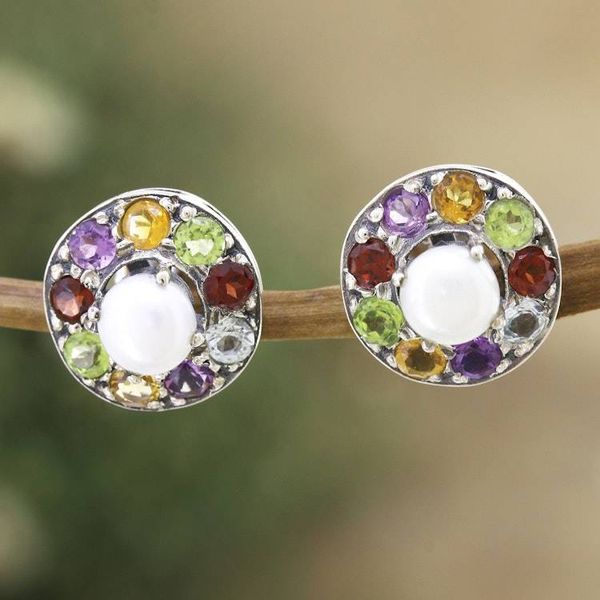 Alternate image for Faceted Multi-Gemstone Button Earrings Crafted in India Ocean Flora
