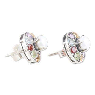 Alternate image for Faceted Multi-Gemstone Button Earrings Crafted in India Ocean Flora