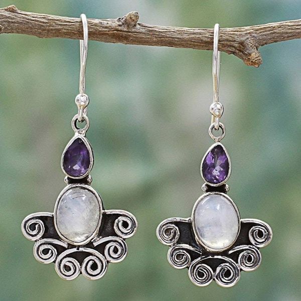 Alternate image for Rainbow Moonstone and Amethyst Sterling Silver Earrings Joyful Alliance