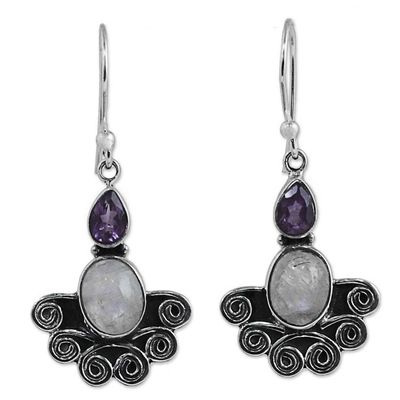 Alternate image for Rainbow Moonstone and Amethyst Sterling Silver Earrings Joyful Alliance
