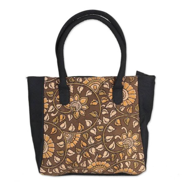Alternate image for Floral and Leaf-Themed Hand Block-Printed Cotton Tote Bag Swirling Blossoms