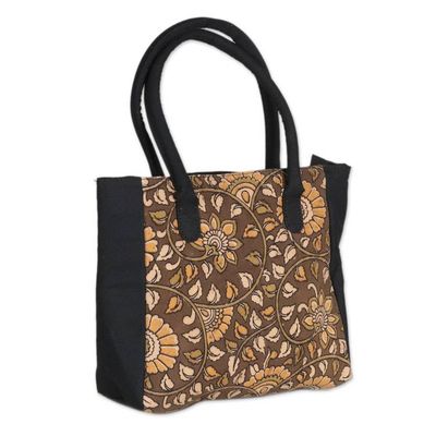 Alternate image for Floral and Leaf-Themed Hand Block-Printed Cotton Tote Bag Swirling Blossoms