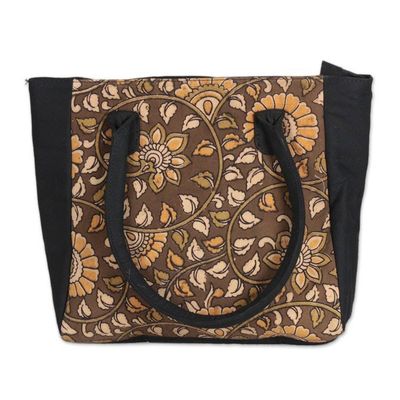 Alternate image for Floral and Leaf-Themed Hand Block-Printed Cotton Tote Bag Swirling Blossoms