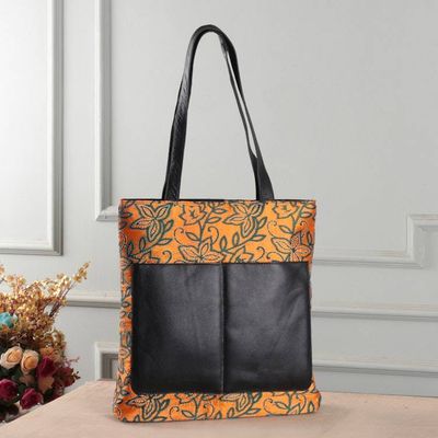 Primary image for Leather-Accented Orange Silk Tote Bag with Kantha Embroidery Sophisticated Saffron