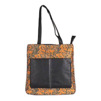 Alternate image for Leather-Accented Orange Silk Tote Bag with Kantha Embroidery Sophisticated Saffron