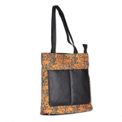 Alternate image for Leather-Accented Orange Silk Tote Bag with Kantha Embroidery Sophisticated Saffron