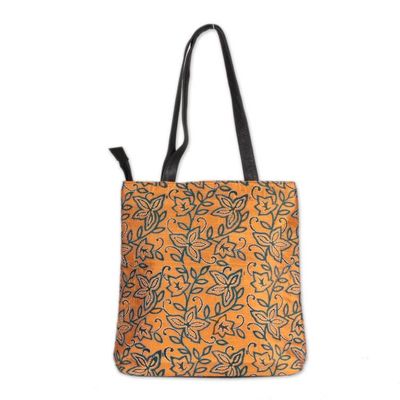 Alternate image for Leather-Accented Orange Silk Tote Bag with Kantha Embroidery Sophisticated Saffron