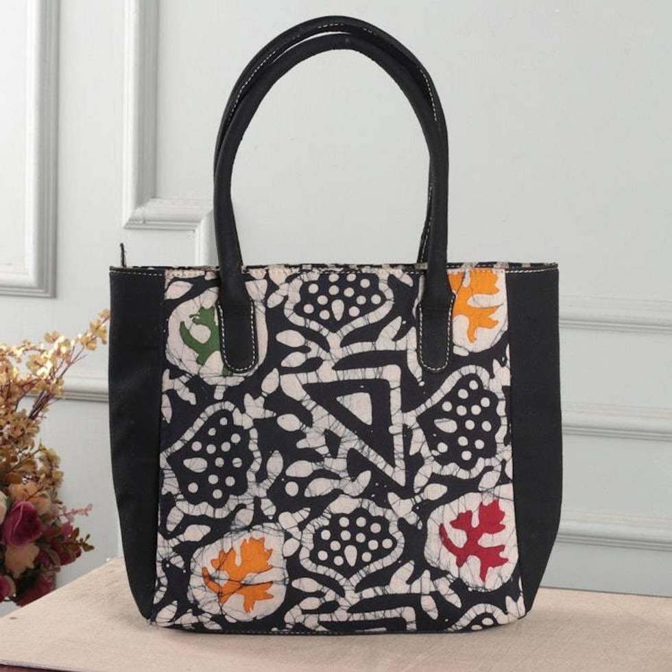 Abstract Botanical Geometric-Themed Batik Cotton Tote Bag 'Mystic Fusion'