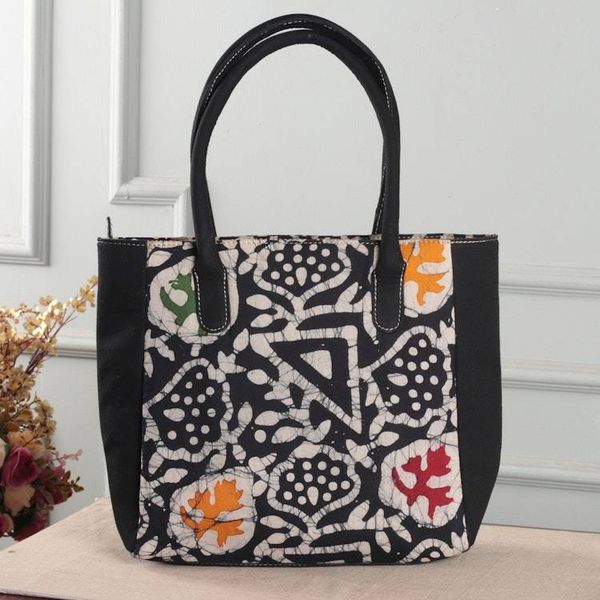 Alternate image for Abstract Botanical Geometric-Themed Batik Cotton Tote Bag Mystic Fusion