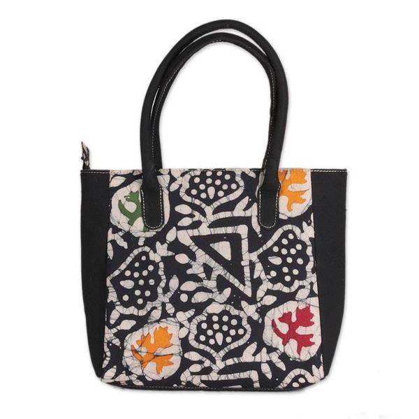 Alternate image for Abstract Botanical Geometric-Themed Batik Cotton Tote Bag Mystic Fusion